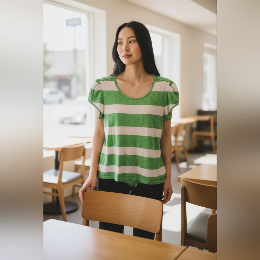 Vintage JUICY COUTURE Short Puffy Sleeves Green/White Stripes Top